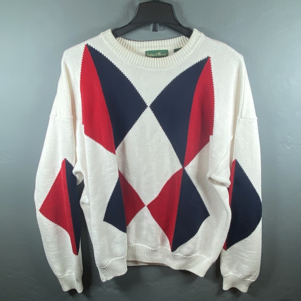 White SZ 2XLT Pullover U Neck Sutter & Grant 100% Cotton Black/Red Diamond